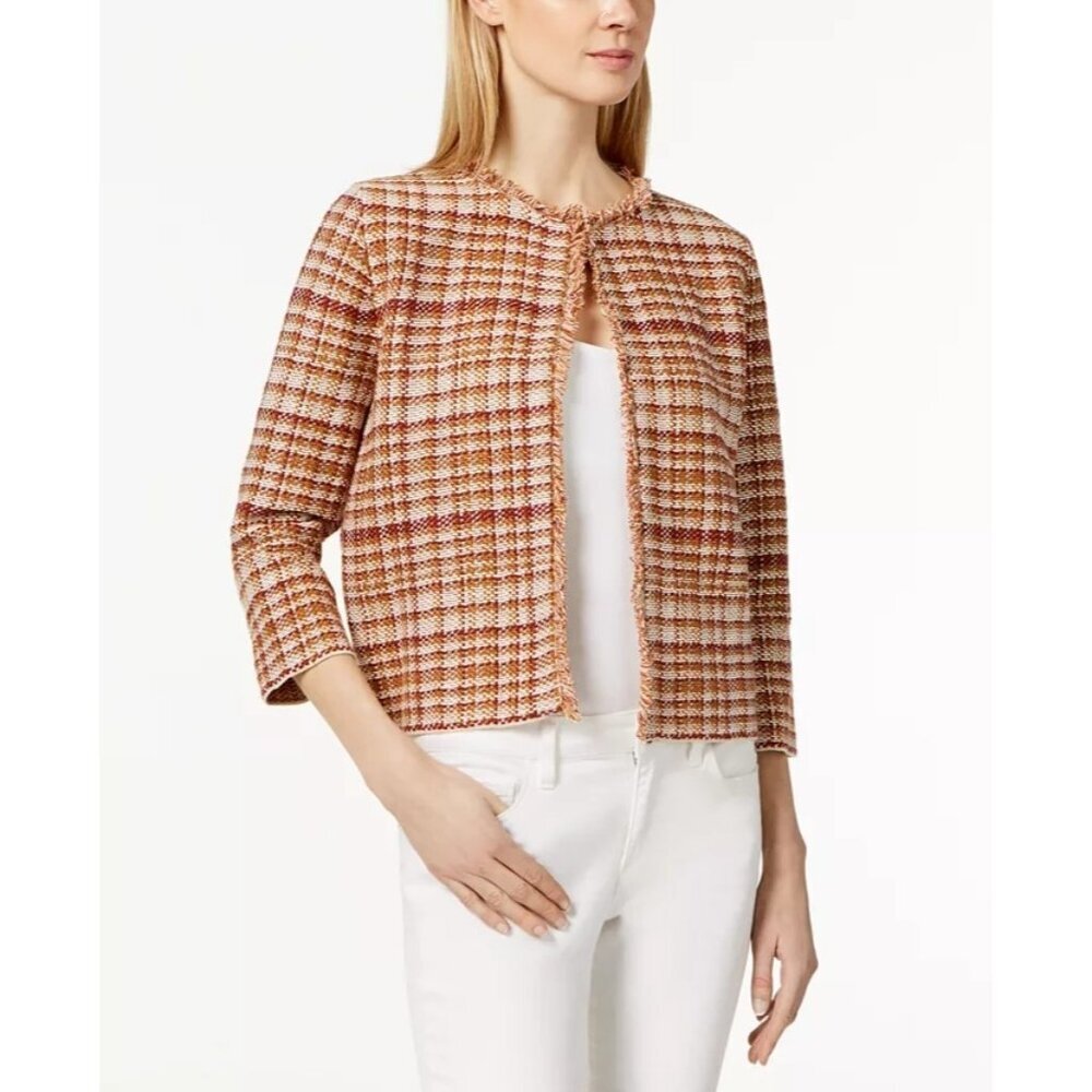 Weekend MaxMara Tilly Tweed Open Front Blazer Fringe Trim Flax Linen Plaid S